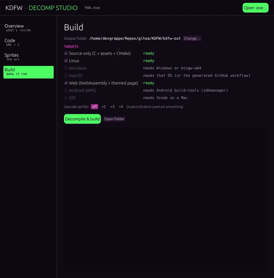 The studio app: build targets with toolchain detection.