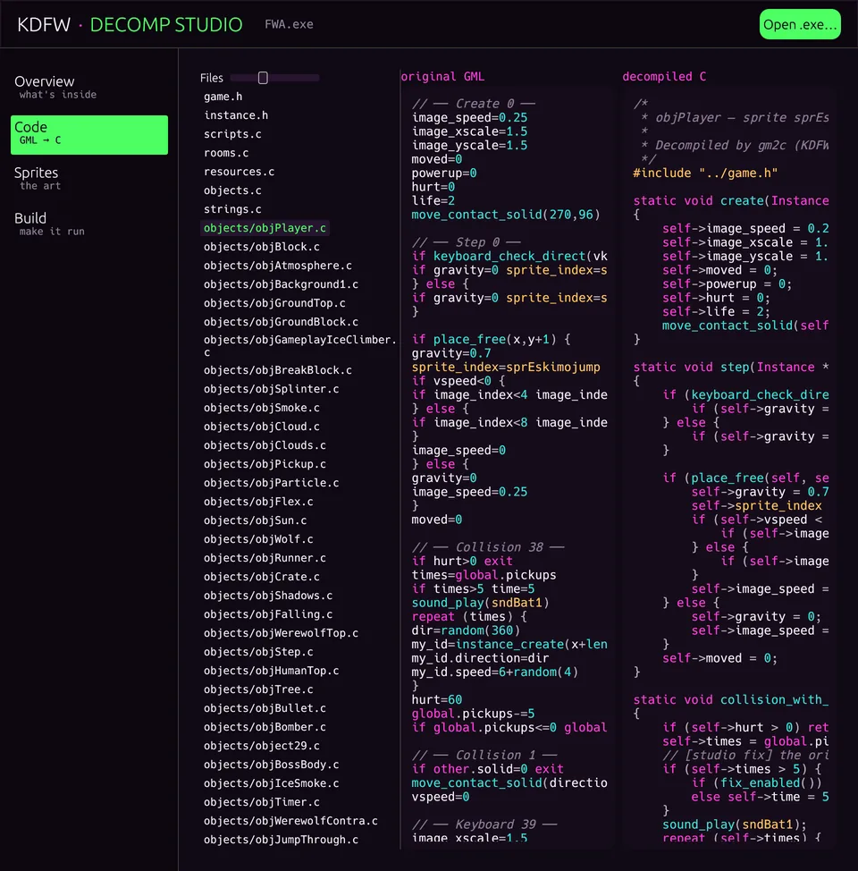 The studio app: original GML next to the decompiled C.